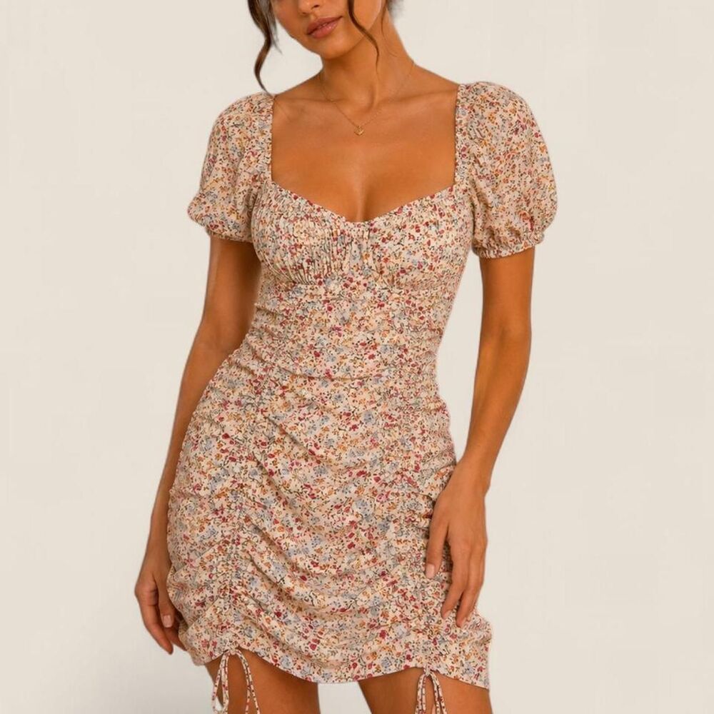 Micro floral ruched bustier mini dress medium milkmaid summer cottage